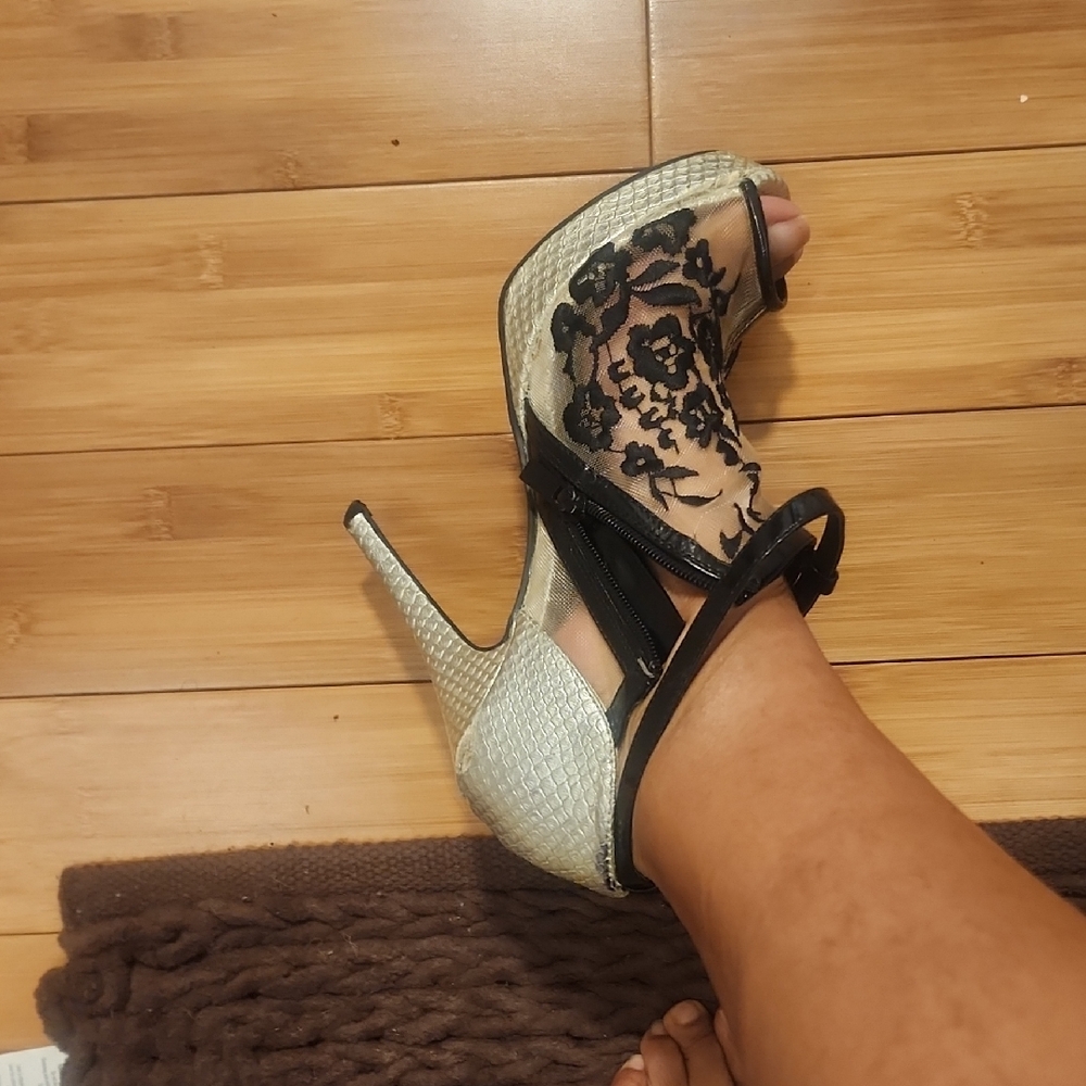 Anne Michelle Black and Silver Lace Heels